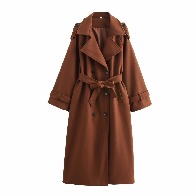Damen langer doppeltreihiger Wollmix-Trenchcoat mit Gürtel und breitem Revers Nord Taschen