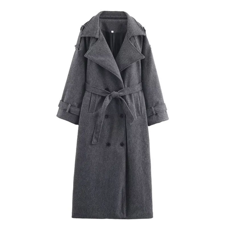 Damen langer doppeltreihiger Wollmix-Trenchcoat mit Gürtel und breitem Revers Nord Taschen