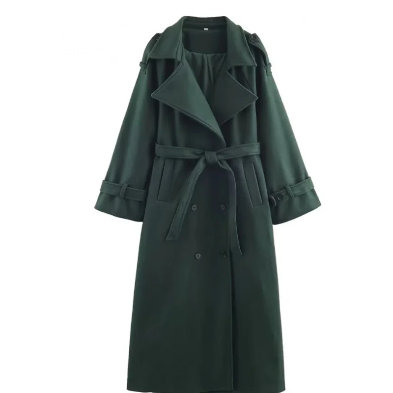 Damen langer doppeltreihiger Wollmix-Trenchcoat mit Gürtel und breitem Revers Nord Taschen