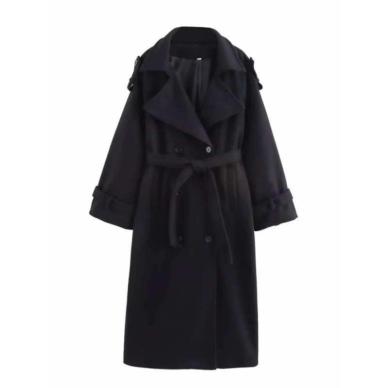Damen langer doppeltreihiger Wollmix-Trenchcoat mit Gürtel und breitem Revers Nord Taschen