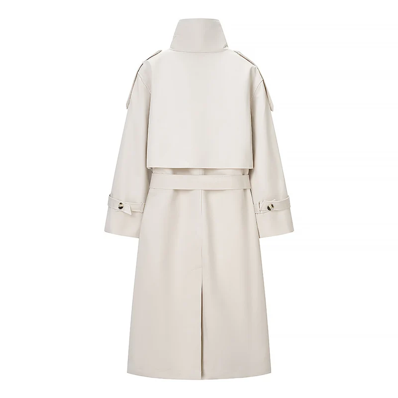 Damen Langer doppeltgereihter Trenchcoat mit hohem Stehkragen und Taillengürtel Nord Taschen
