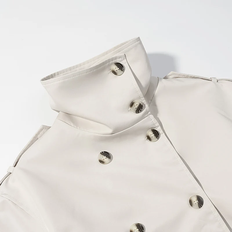 Damen Langer doppeltgereihter Trenchcoat mit hohem Stehkragen und Taillengürtel Nord Taschen