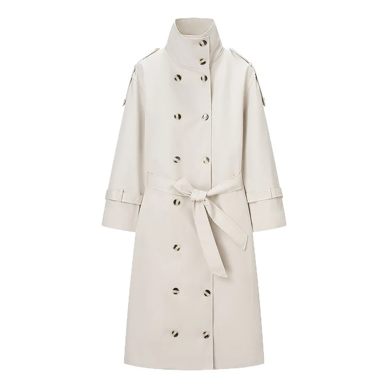 Damen Langer doppeltgereihter Trenchcoat mit hohem Stehkragen und Taillengürtel Nord Taschen