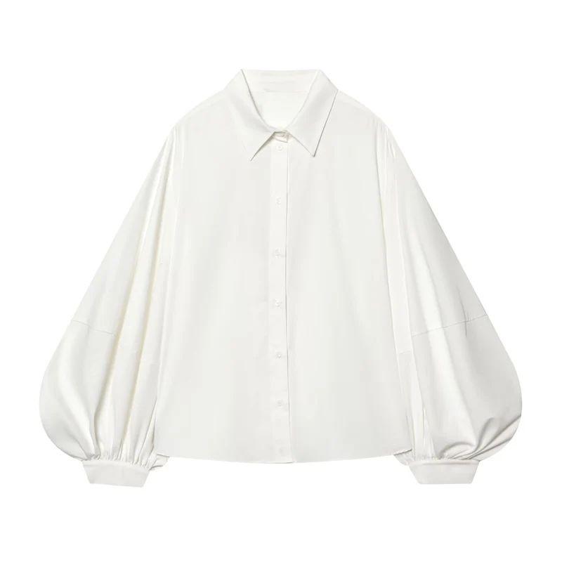Damen weit geschnittene Oversize-Bluse mit Ballonärmeln und Hemdblusenkragen Nord Taschen