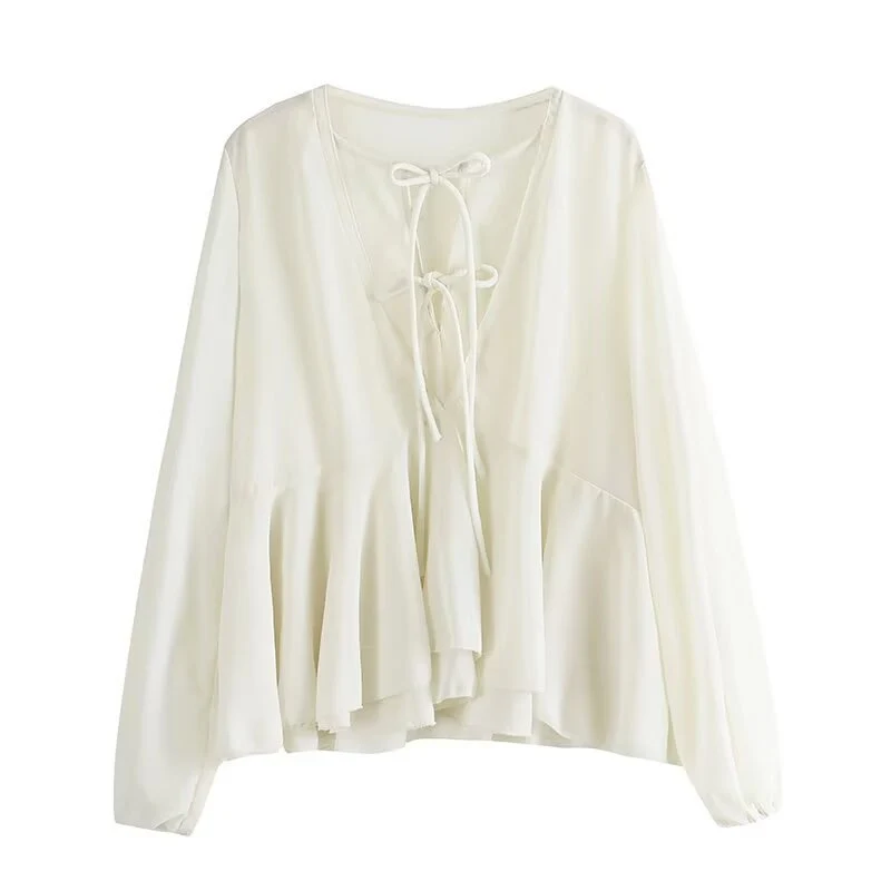 Damen Weiche Chiffonbluse mit Schnürung, V‑Ausschnitt und Volantsaum Nord Taschen