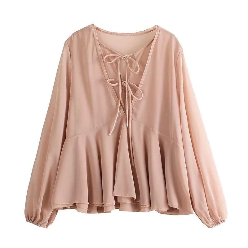 Damen Weiche Chiffonbluse mit Schnürung, V‑Ausschnitt und Volantsaum Nord Taschen