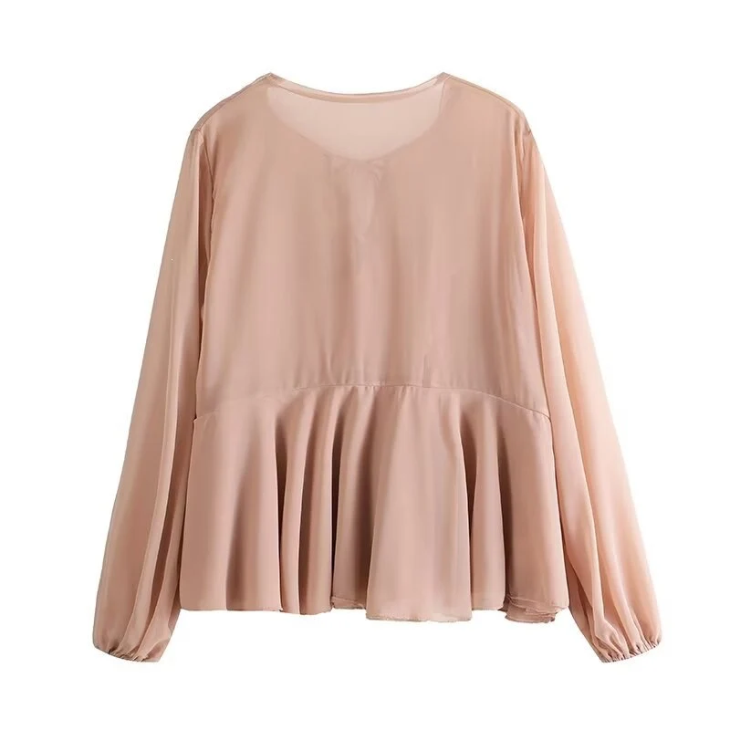 Damen Weiche Chiffonbluse mit Schnürung, V‑Ausschnitt und Volantsaum Nord Taschen