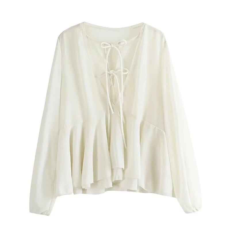 Damen Weiche Chiffonbluse mit Schnürung, V‑Ausschnitt und Volantsaum Nord Taschen