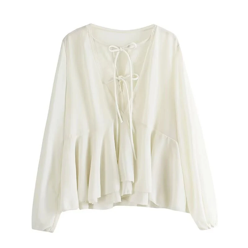 Damen Weiche Chiffonbluse mit Schnürung, V‑Ausschnitt und Volantsaum Nord Taschen
