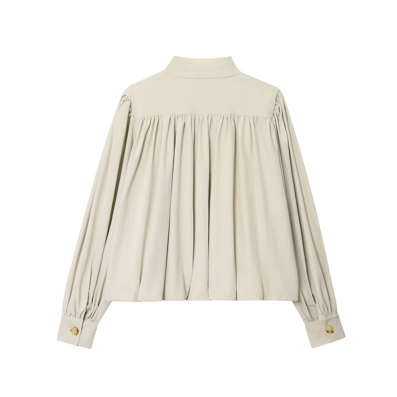 Damen Voluminöse Cropped-Bluse mit Stehkragen, Raffungen und elastischem Saum Nord Taschen