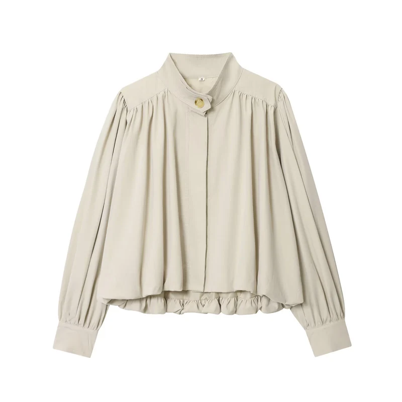Damen Voluminöse Cropped-Bluse mit Stehkragen, Raffungen und elastischem Saum Nord Taschen