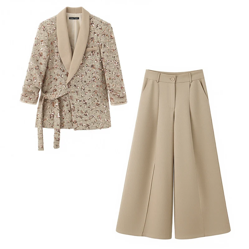 Damen Tweed-Blazer mit Schalkragen, Bindegürtel und weitem Palazzo-Hosen-Set Nord Taschen