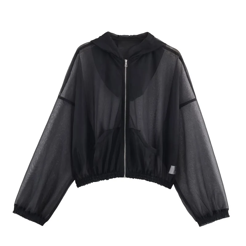 Damen Transparente Mesh-Trainingsjacke mit Kapuze, durchgehendem Reißverschluss und elastischem Saum Nord Taschen