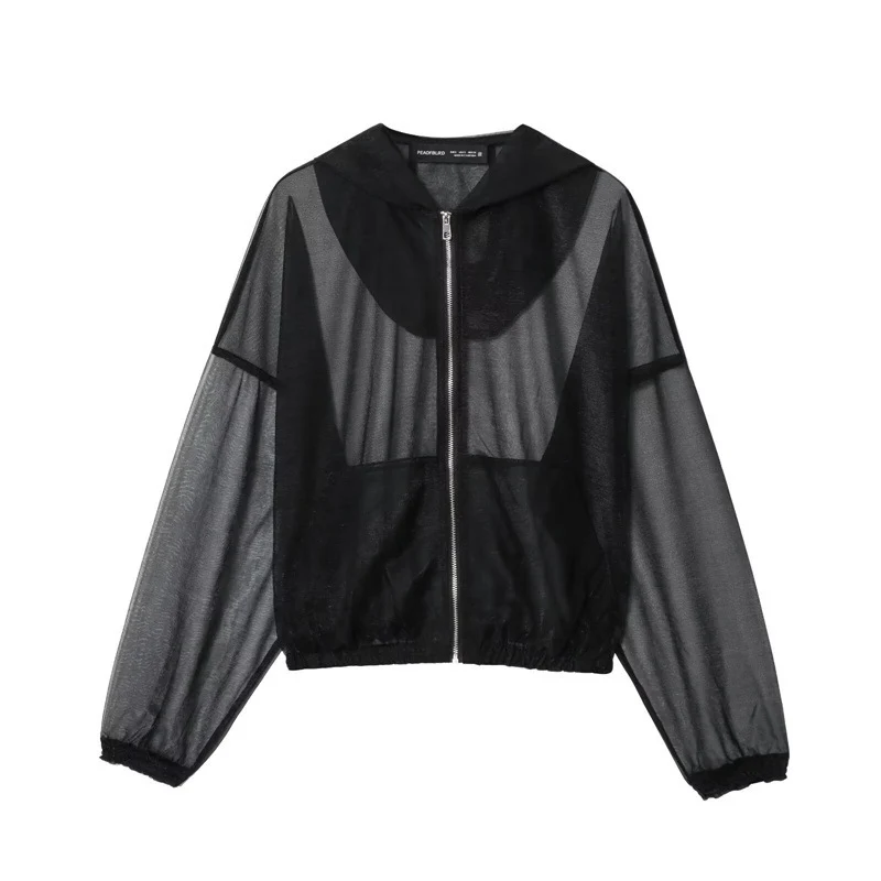 Damen Transparente Mesh-Trainingsjacke mit Kapuze, durchgehendem Reißverschluss und elastischem Saum Nord Taschen
