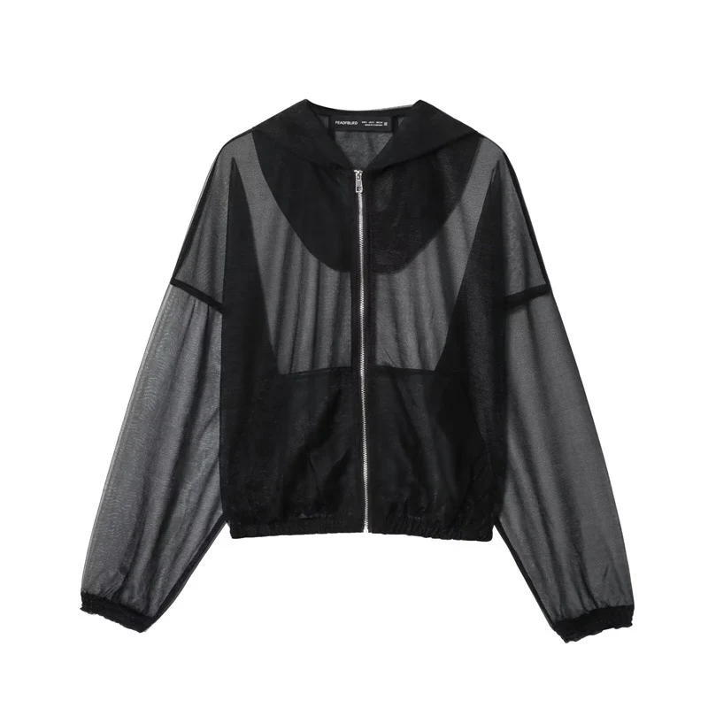 Damen Transparente Mesh-Trainingsjacke mit Kapuze, durchgehendem Reißverschluss und elastischem Saum Nord Taschen