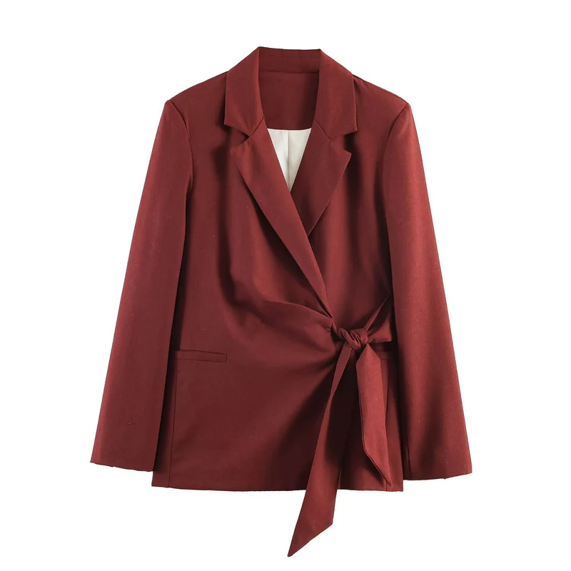 Damen Taillierter Wickelblazer mit Reverskragen und Bindegürtel Nord Taschen