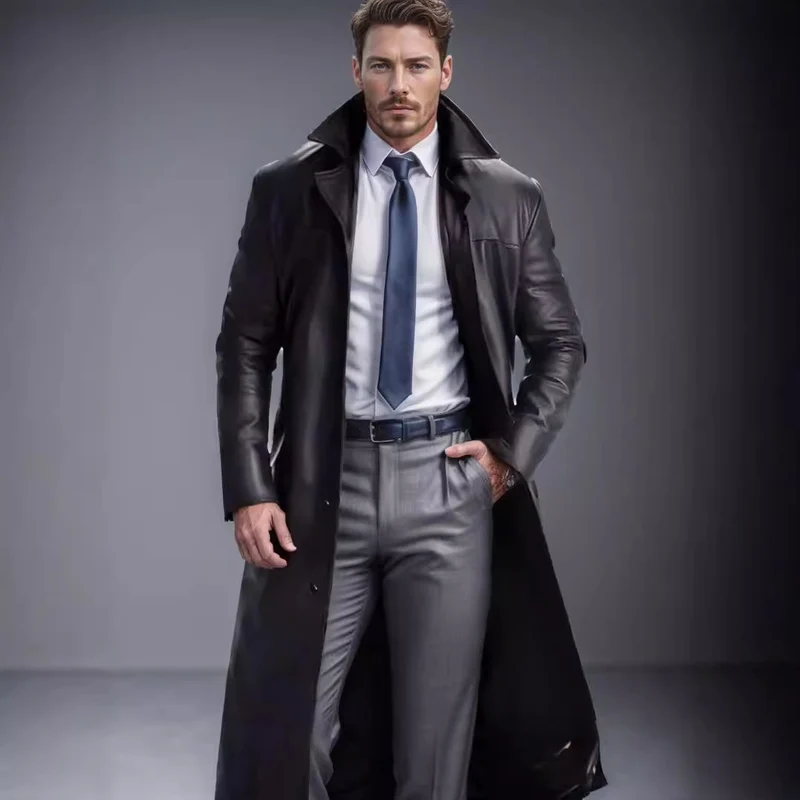 Herren Langer Ledermantel im Trench-Stil mit schmaler Silhouette und Stehkragen Nord Taschen