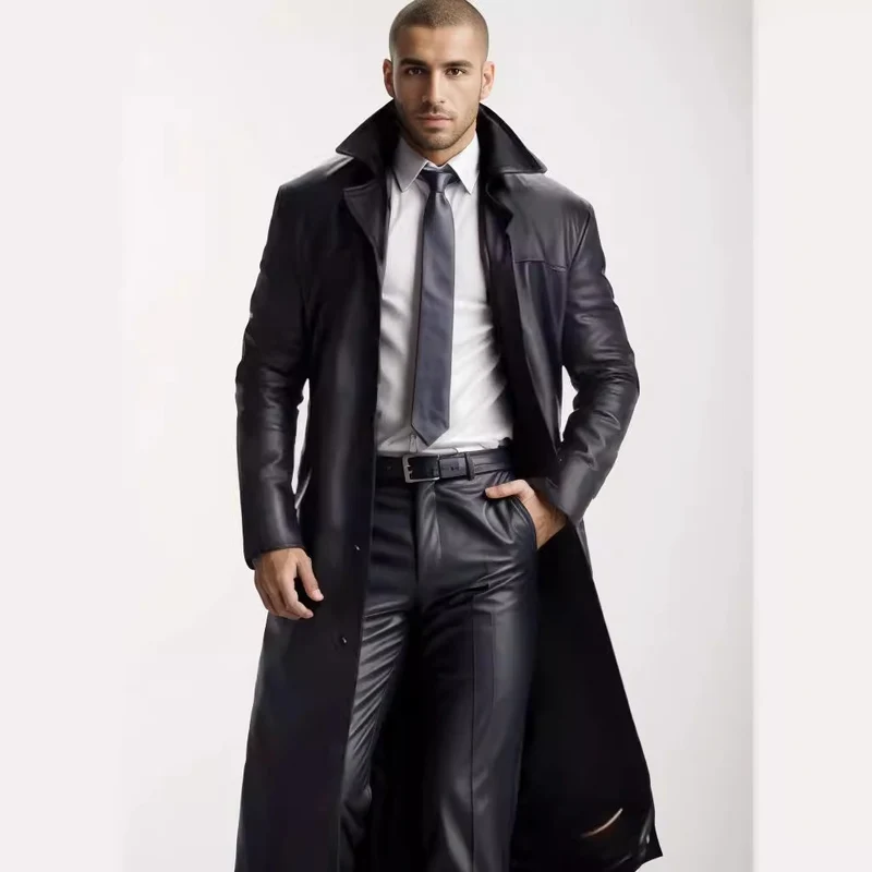 Herren Langer Ledermantel im Trench-Stil mit schmaler Silhouette und Stehkragen Nord Taschen