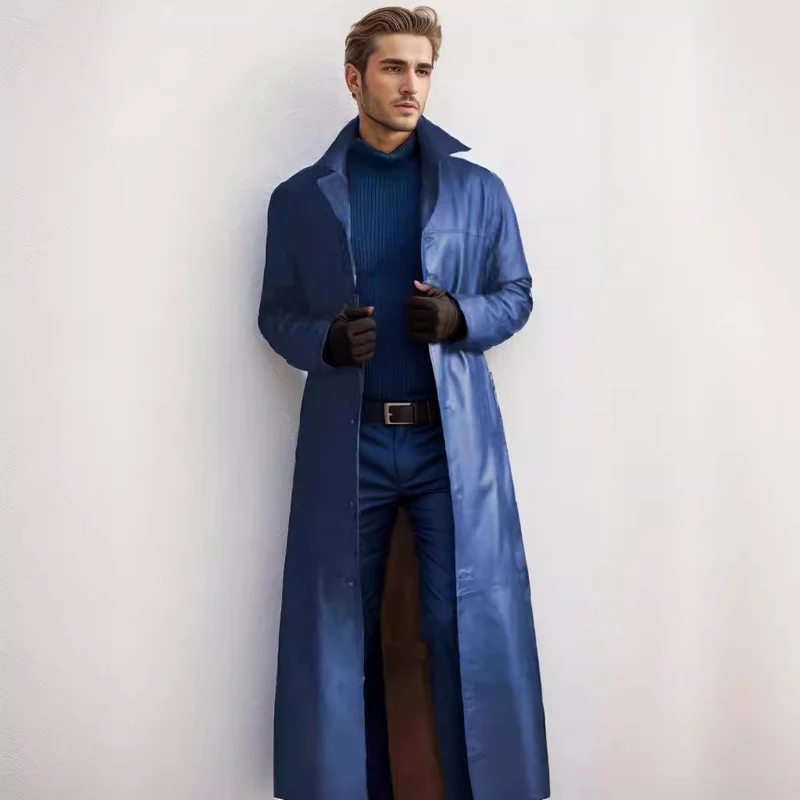 Herren Langer Ledermantel im Trench-Stil mit schmaler Silhouette und Stehkragen Nord Taschen