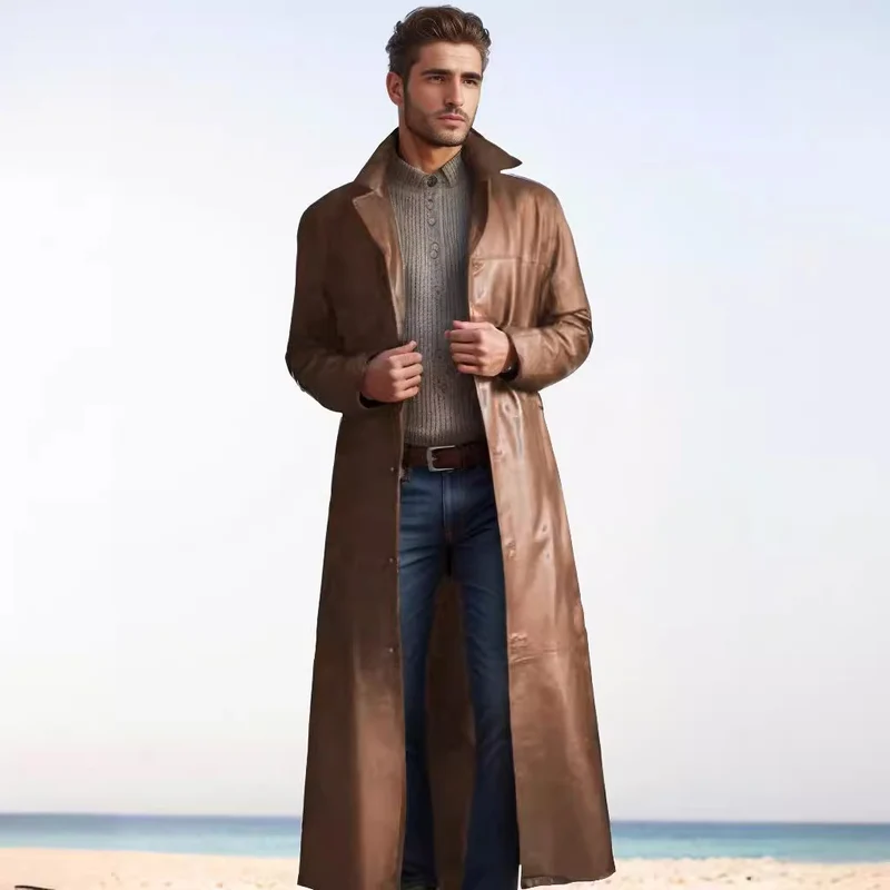 Herren Langer Ledermantel im Trench-Stil mit schmaler Silhouette und Stehkragen Nord Taschen