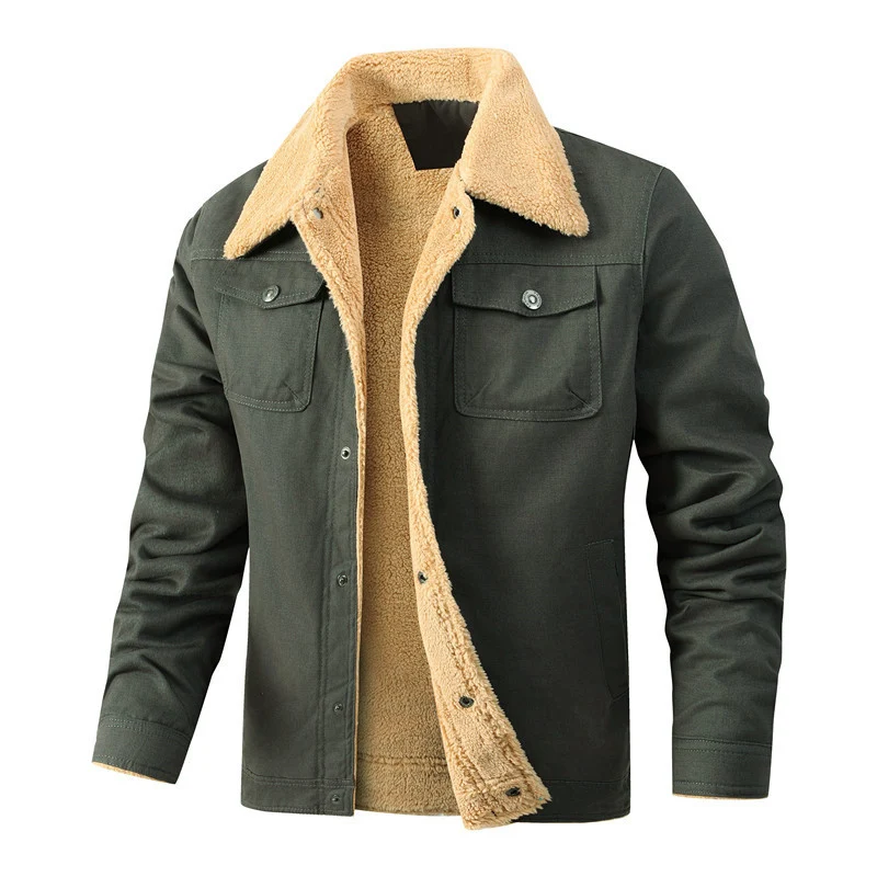 Herren Lässige Sherpa-gefütterte Canvas-Truckerjacke mit Hemdkragen Nord Taschen