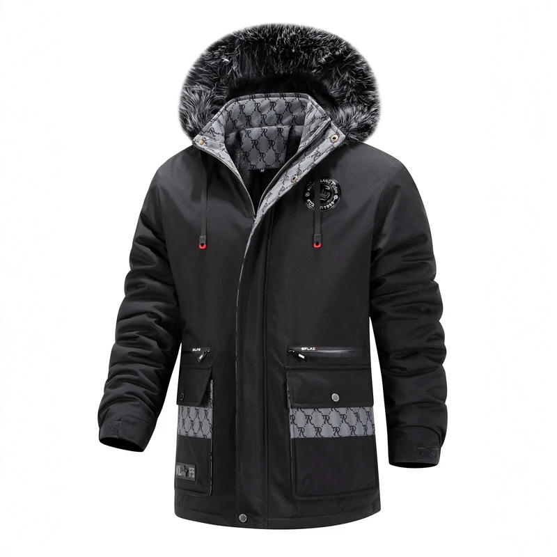 Herren Langer Thermo-Parka mit Kapuze, Logo-Innenfutter und Multifunktions-Taschen Nord Taschen
