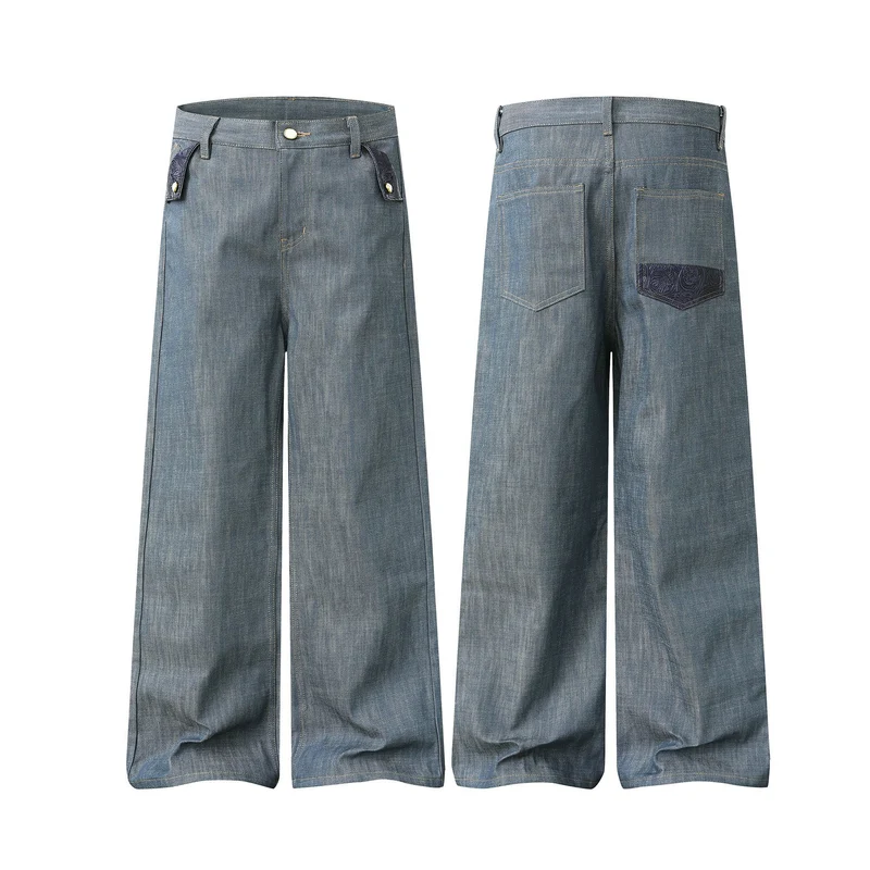 Damen Hochtaillierte weite Jeanshose mit dekorativen Pattentaschen und geradem Bein Nord Taschen