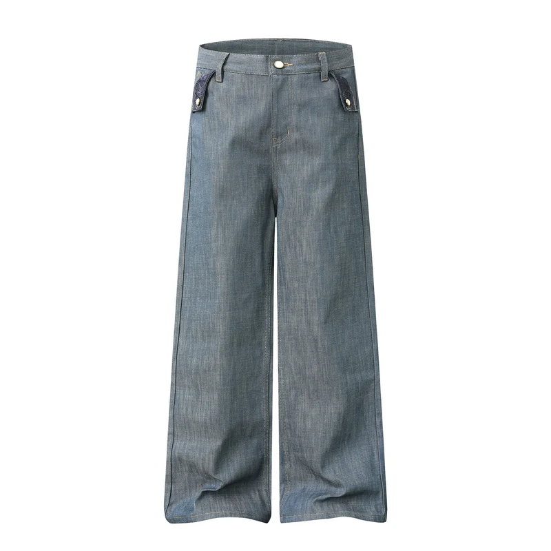 Damen Hochtaillierte weite Jeanshose mit dekorativen Pattentaschen und geradem Bein Nord Taschen