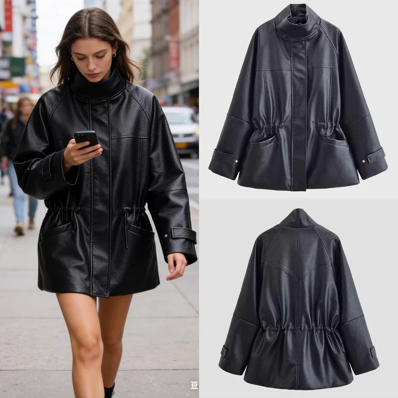 Damen Oversized Jacke in Lederoptik mit Stehkragen und Taillenkordel Nord Taschen