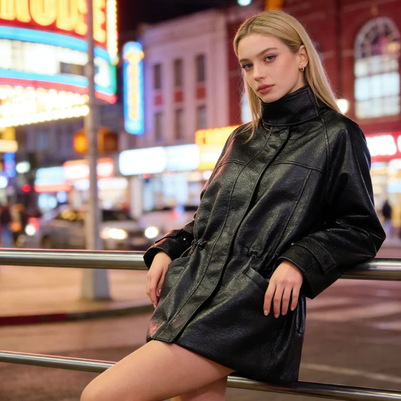 Damen Oversized Jacke in Lederoptik mit Stehkragen und Taillenkordel Nord Taschen