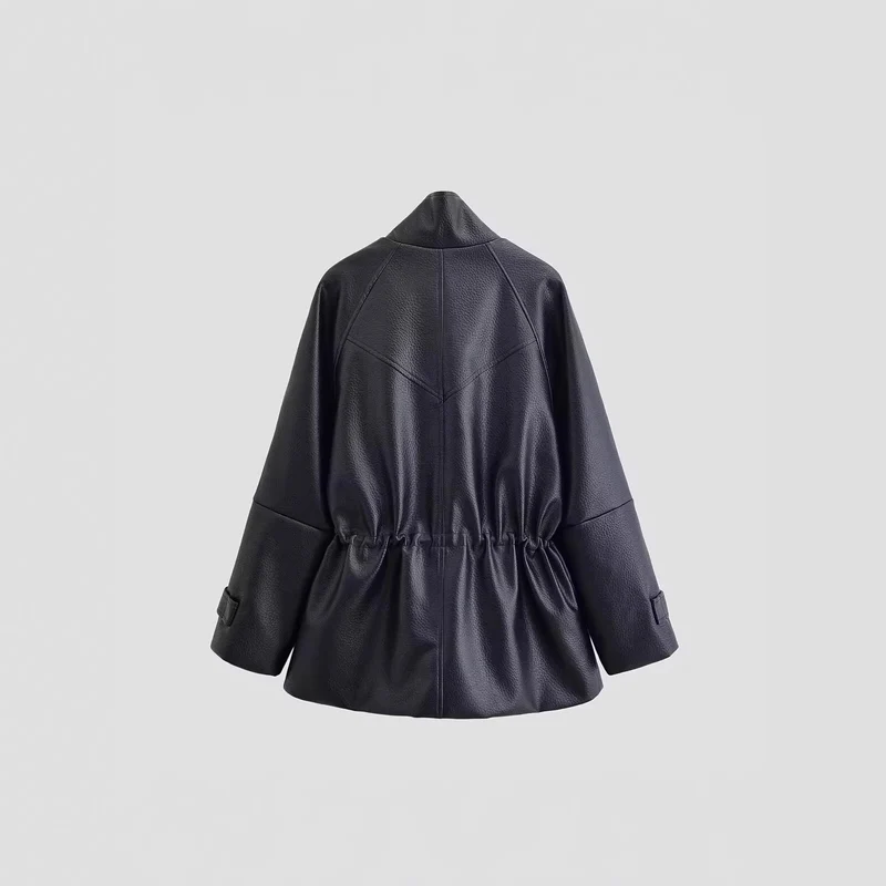Damen Oversized Jacke in Lederoptik mit Stehkragen und Taillenkordel Nord Taschen