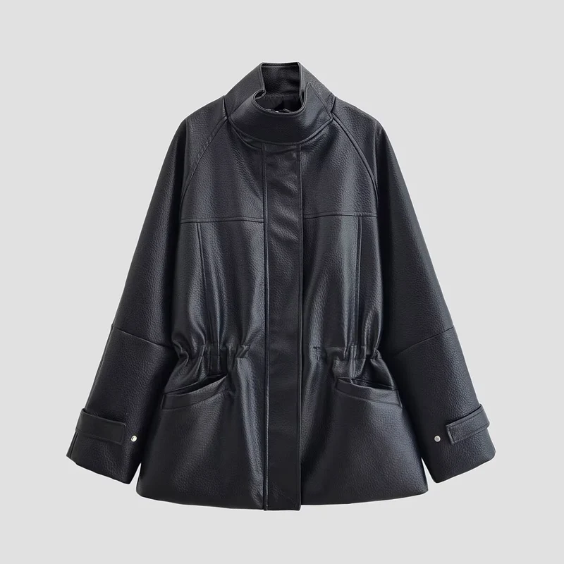 Damen Oversized Jacke in Lederoptik mit Stehkragen und Taillenkordel Nord Taschen