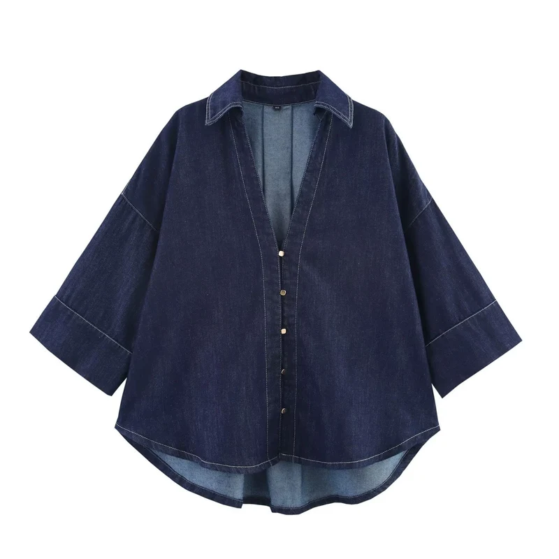 Damen Oversized Denim‑Hemdenjacke mit dreiviertel Ärmeln und High‑Low‑Saum Nord Taschen