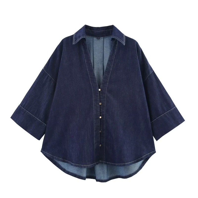 Damen Oversized Denim‑Hemdenjacke mit dreiviertel Ärmeln und High‑Low‑Saum Nord Taschen