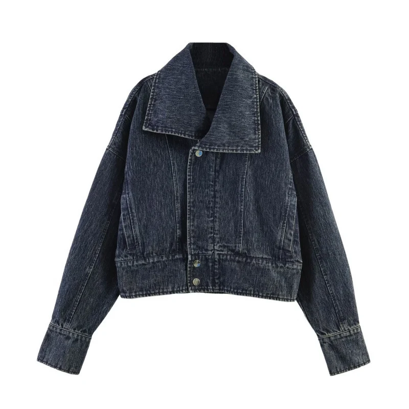 Damen oversized Cropped-Jeansjacke mit weitem Kragen Nord Taschen