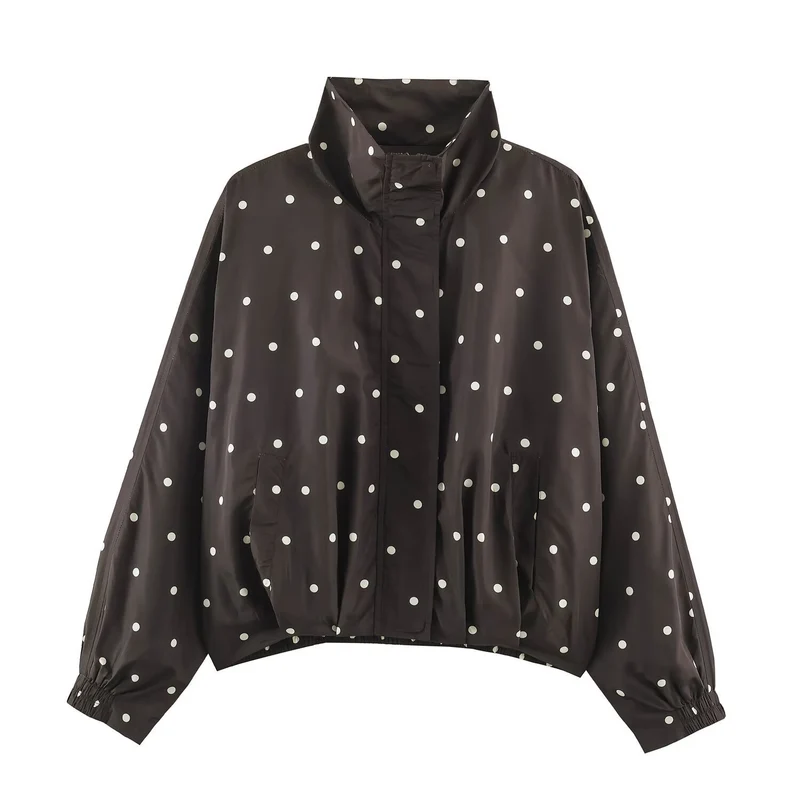 Damen Oversize-Windbreaker mit Tupfen-Print, hohem Stehkragen und elastischem Saum Nord Taschen