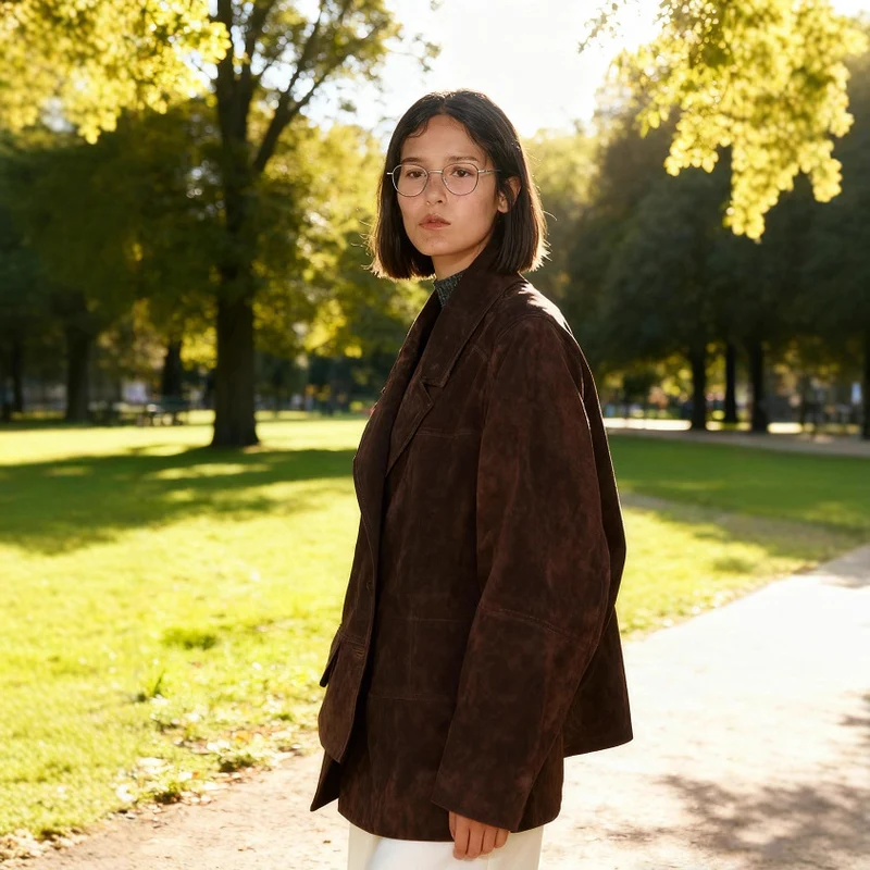 Damen Oversize Wildlederoptik-Blazerjacke mit Reverskragen und Pattentaschen Nord Taschen