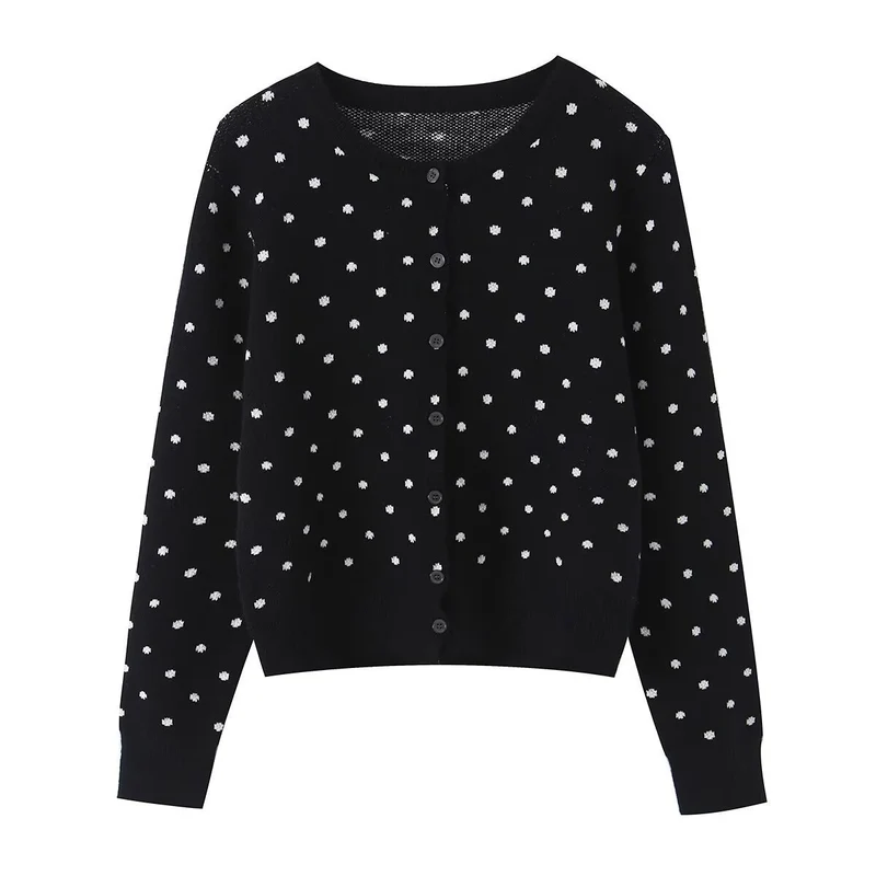 Damen Kurz geschnittene fein gestrickte Cardigan mit Rundhalsausschnitt, Knopfleiste und Allover‑Punktmuster Nord Taschen