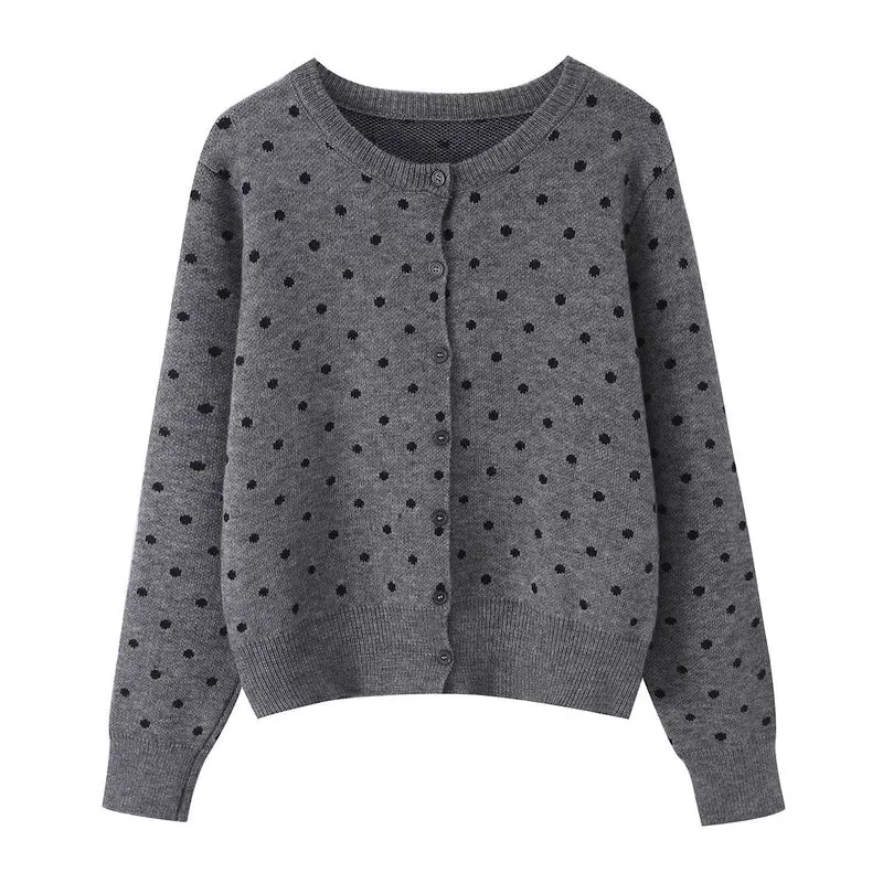 Damen Kurz geschnittene fein gestrickte Cardigan mit Rundhalsausschnitt, Knopfleiste und Allover‑Punktmuster Nord Taschen