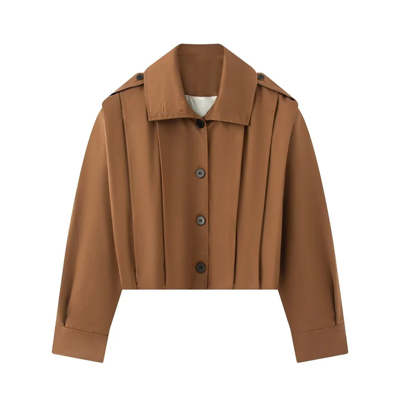 Damen Kurz geschnittene Cropped-Trenchjacke mit Schulterklappen und Kellerfalten Nord Taschen