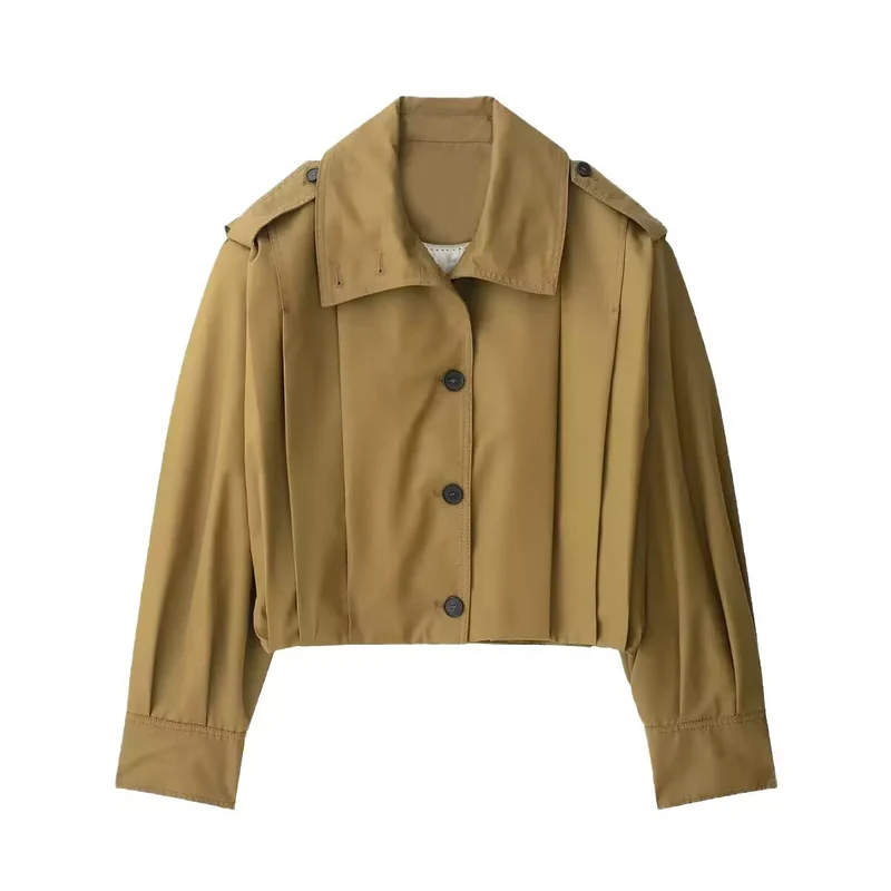 Damen Kurz geschnittene Cropped-Trenchjacke mit Schulterklappen und Kellerfalten Nord Taschen