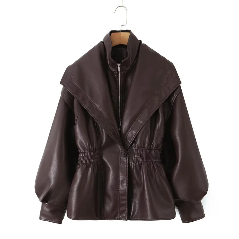 Damen Kunstlederjacke mit XXL-Schalkragen, Taillengummierung und Ballonärmeln Nord Taschen