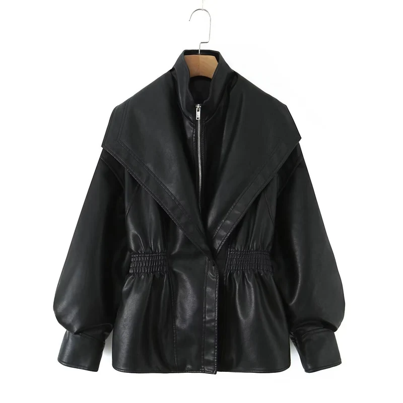 Damen Kunstlederjacke mit XXL-Schalkragen, Taillengummierung und Ballonärmeln Nord Taschen