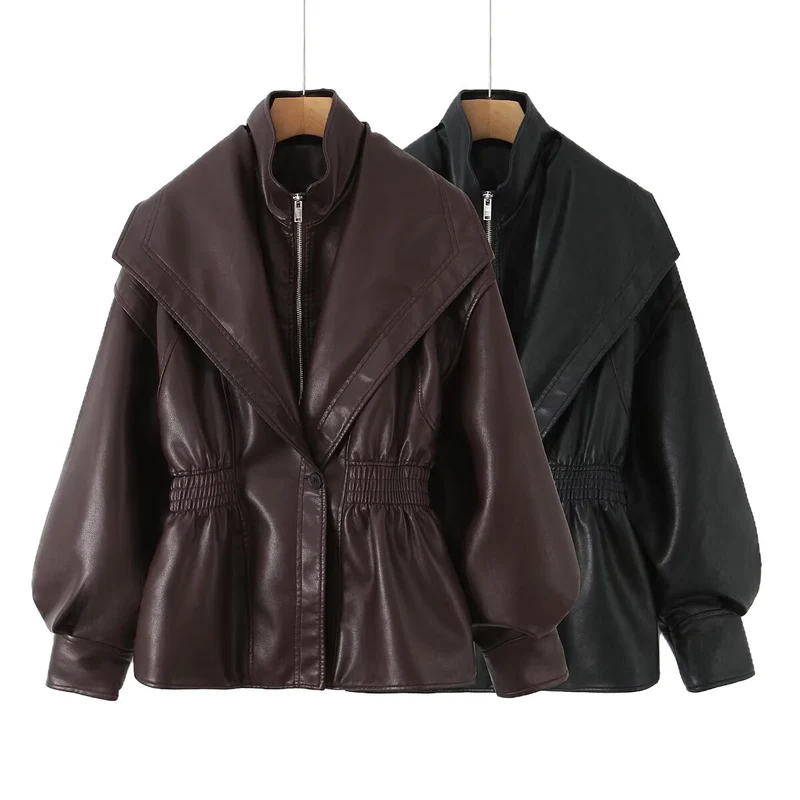 Damen Kunstlederjacke mit XXL-Schalkragen, Taillengummierung und Ballonärmeln Nord Taschen
