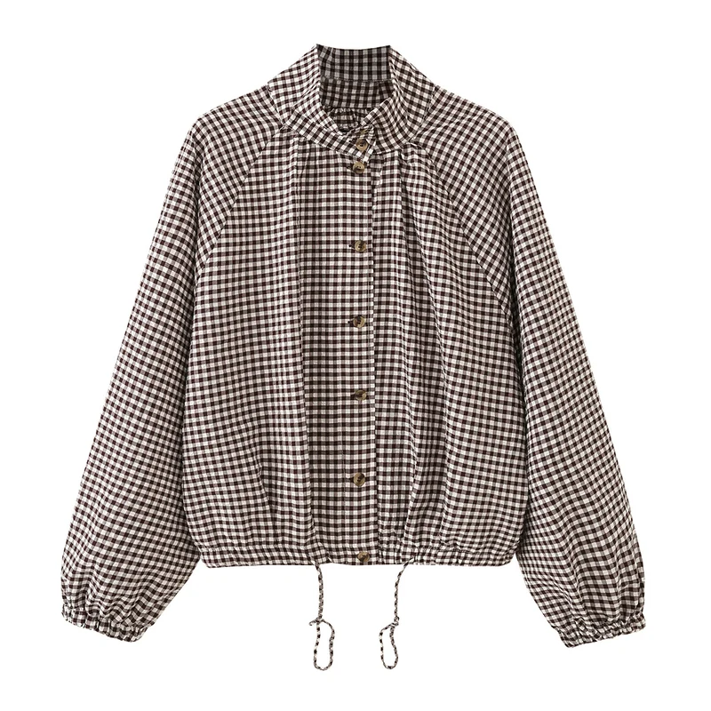 Damen Kariertes Oversize-Blouson mit Tunnelzug und Stehkragen Nord Taschen