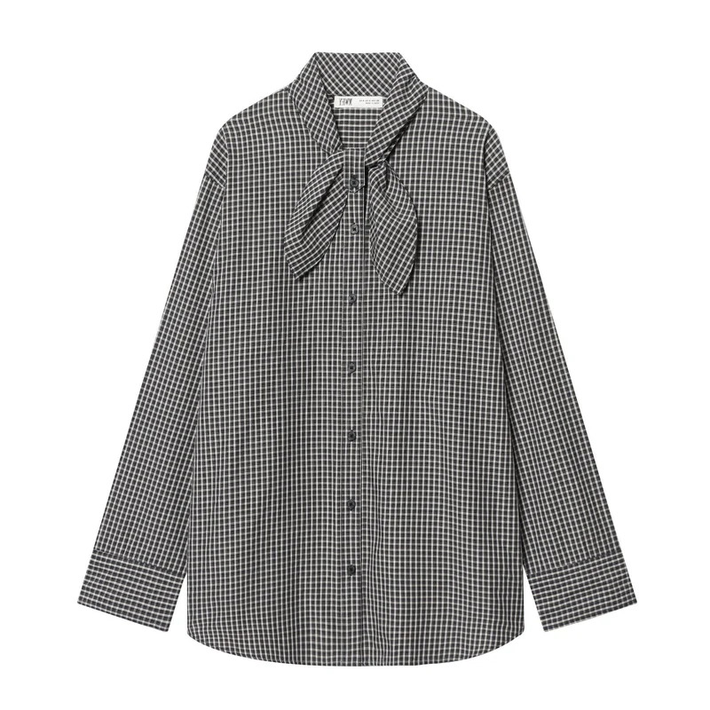 Damen Kariertes Blusenshirt mit Schleifenkragen und lässiger Passform Nord Taschen