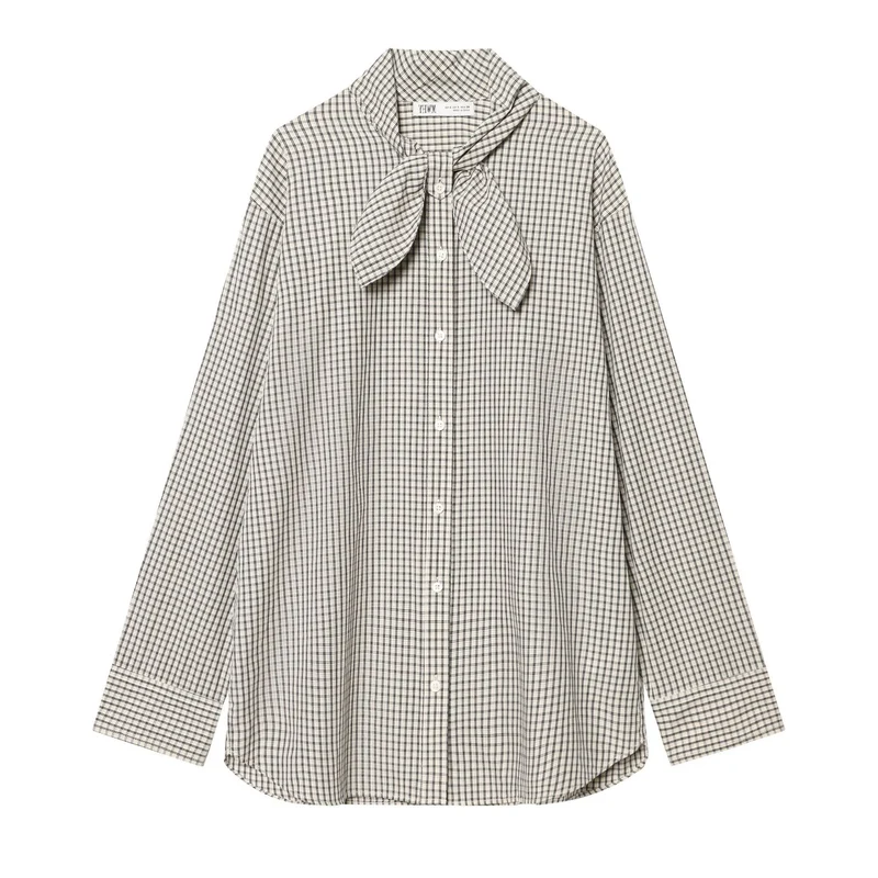 Damen Kariertes Blusenshirt mit Schleifenkragen und lässiger Passform Nord Taschen