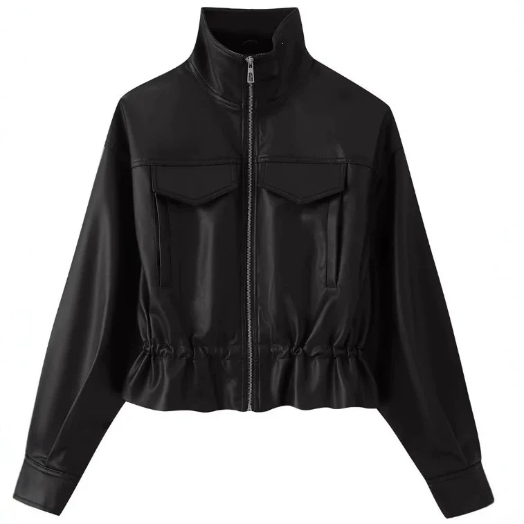 Damen gekürzte Kunstlederjacke mit Stehkragen, Reißverschluss und taillierendem Smok Nord Taschen