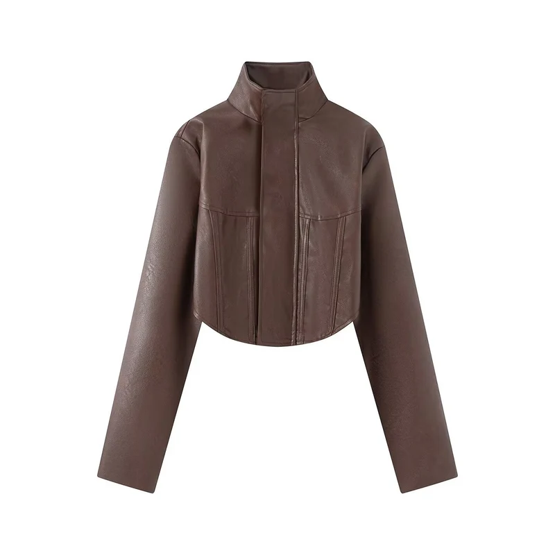 Damen Gekürzte Kunstleder-Jacke mit Stehkragen und taillierten Teilungsnähten Nord Taschen