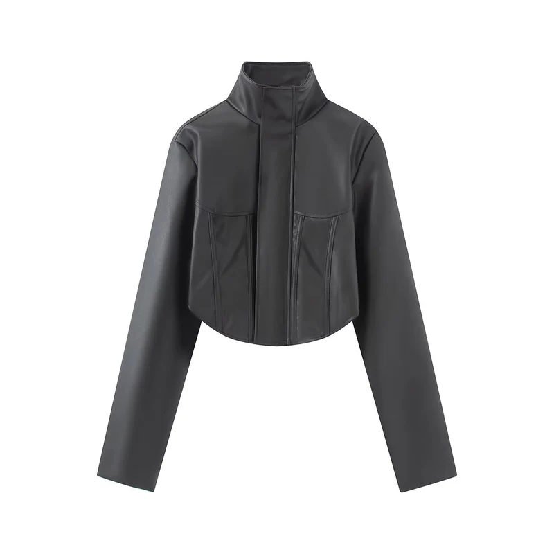 Damen Gekürzte Kunstleder-Jacke mit Stehkragen und taillierten Teilungsnähten Nord Taschen
